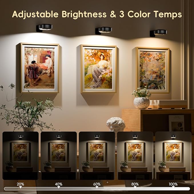 Picture Lights for Wall with Charge Station, 3 Pcs Rechargeable Magnetic Poster Lights with 3 Color Temperatures, Dimmable Timer Painting Wall Decor Light for Art Display, Frame (Black)