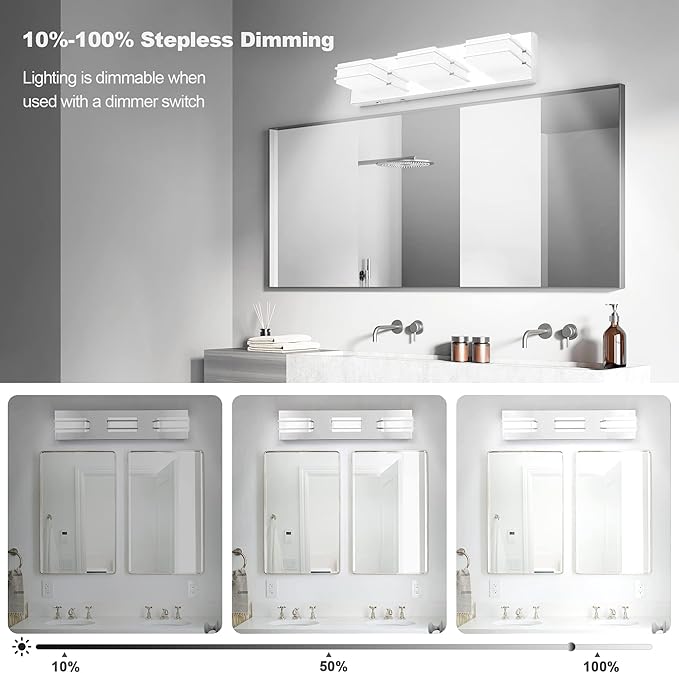 3 Color Temperature Dimmable Bathroom Light Fixtures over Mirror, LED Chrome 3 Light Vanity Lighting Fixtures, Acrylic Stainless Steel Square Shade Vanity Lights for Bathroom, ETL Certificated