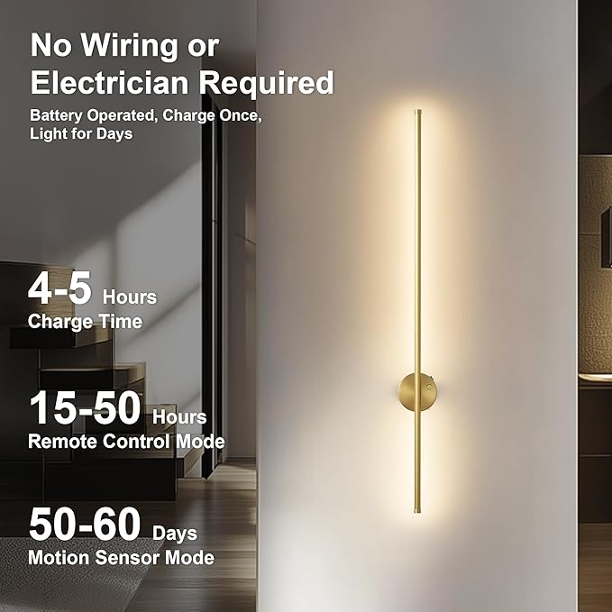 Motion Sensor Battery Operated Wall Sconce Set of Two - Modern Rechargeable Wireless Wall Lights with Remote Control, Dimmable, 3000K/4000K/6000K, Timer for Living Room, Hallway, Brass, 39.3 Inch