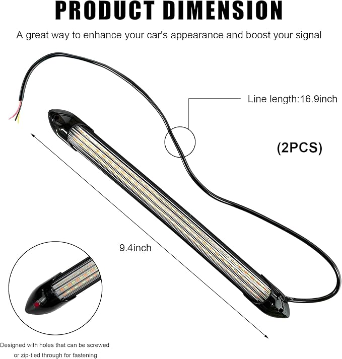 2 PCS Exterior Car LED Lights, 9.5 Inches Flexible LED Daytime Running Light Strip, Waterproof 12V Headlight Sequential Flowing Turn Signal for SUV Truck RV, Car Accessories