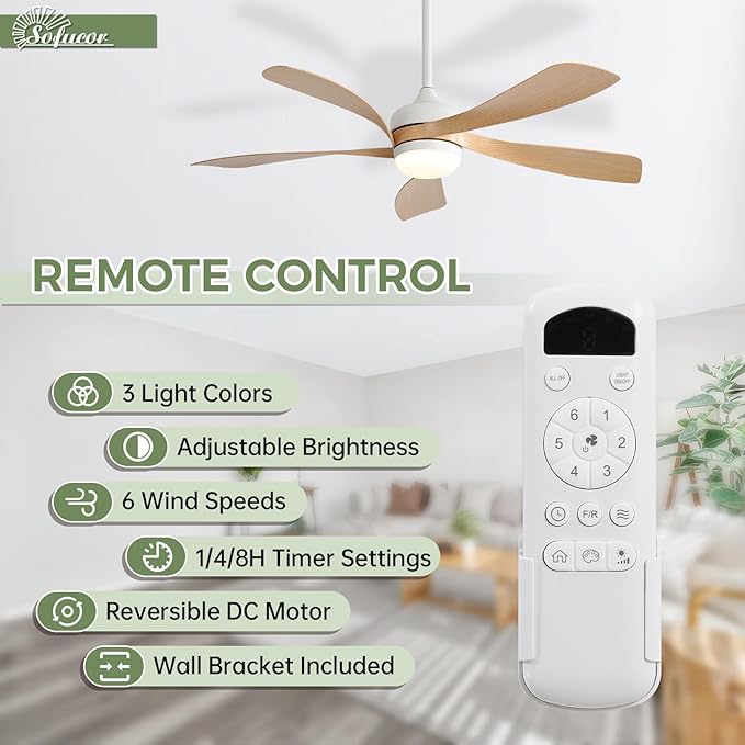 Sofucor 52 Inch Ceiling Fans with Lights and Remote, Outdoor Ceiling Fan with Light 6-Speed 3 CCT 3-Timer, Modern Low Profile Ceiling Fan 5 Blade Reversible DC Motor for Living Room Bedroom Patio