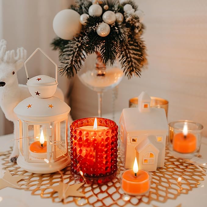 Eywamage Orange Flameless Tealights with Remote Batteries, LED Tea Votive Candles Real Wax Flickering Set of 10