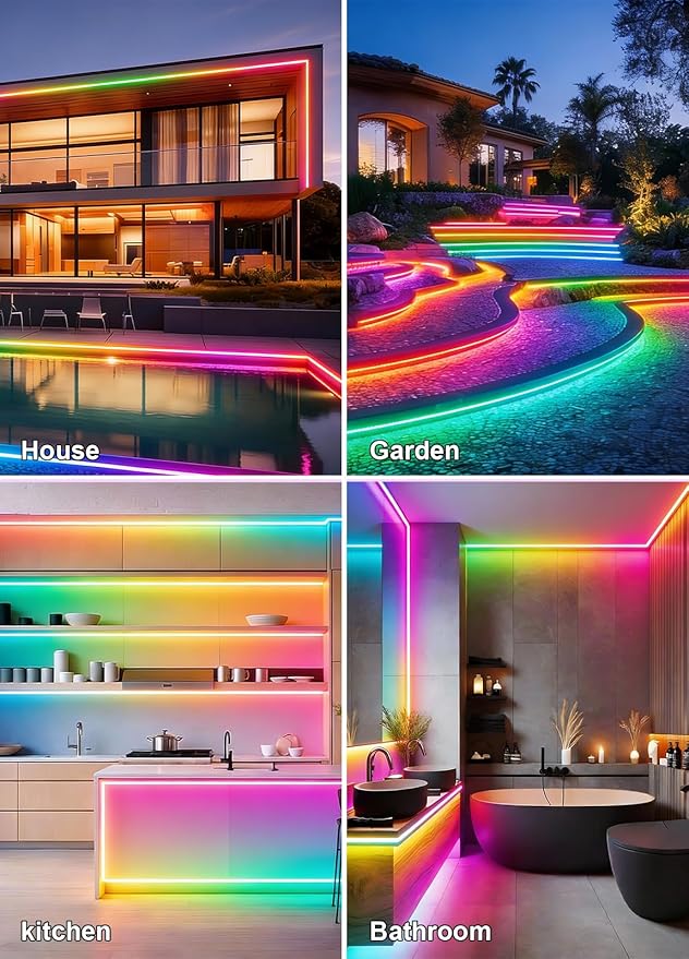80FT COB RGB IC Outdoor LED Strip Lights Waterproof, Multicolor IP67 Outside Flexible UL Listed 24V with App Remote Control,Music Sync Exterior Rope Lights for Patio, Eave, Party Decorations(2 Roll)