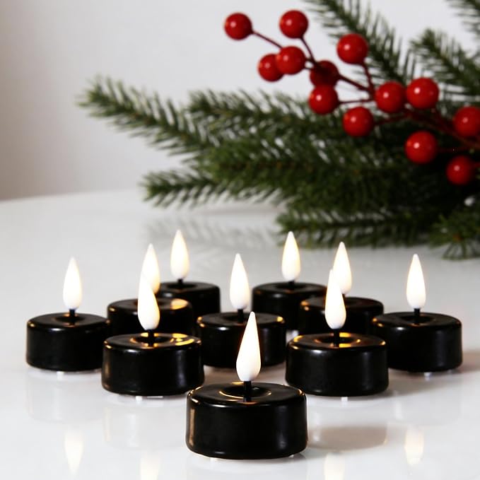 Eywamage Black Flameless Tealights with Remote Batteries, Real Wax Flickering LED Tea Votive Candles Set of 10