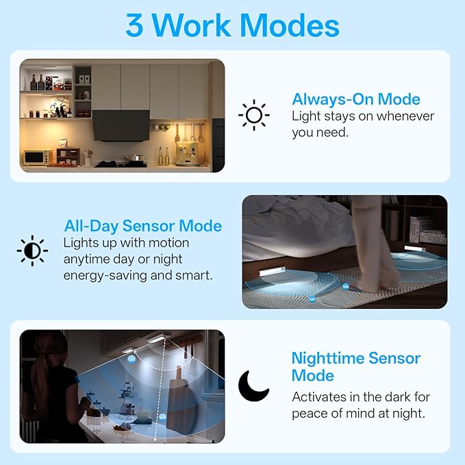 Under Cabinet Lighting Wireless,Rechargeable Motion Sensor Light Indoor,3Color Dimmable Closet Light Battery Operated with Remote Control, Magnetic Under Counter Lights for Kitchen 2Pack