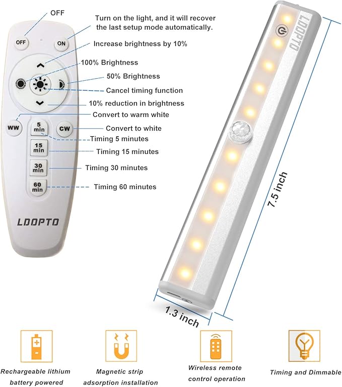 LDOPTO Under Cabinet Lights with Remote, Magnetic Rechargeable Under Counter Closet Lights, Wireless Night Light Bar Stick-On, for Kitchen Wardrobe Cupboard Stairs Bedroom, 2-Pack, Warm White