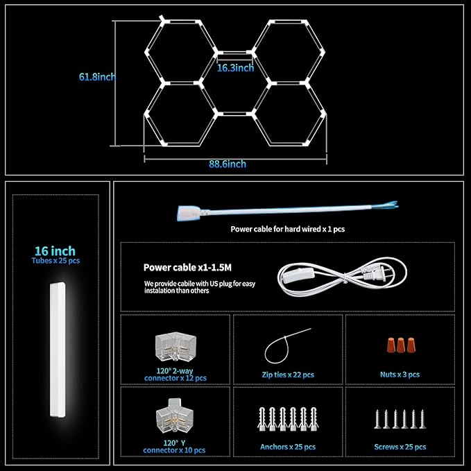 25-Pack Hexagon Garage Lights, 168W 21840LM Super Bright Ceiling LED Light Fixtures, 6700K Honeycomb Hex Lighting for Car Detailing Shop, Gym, Workshop, Basement