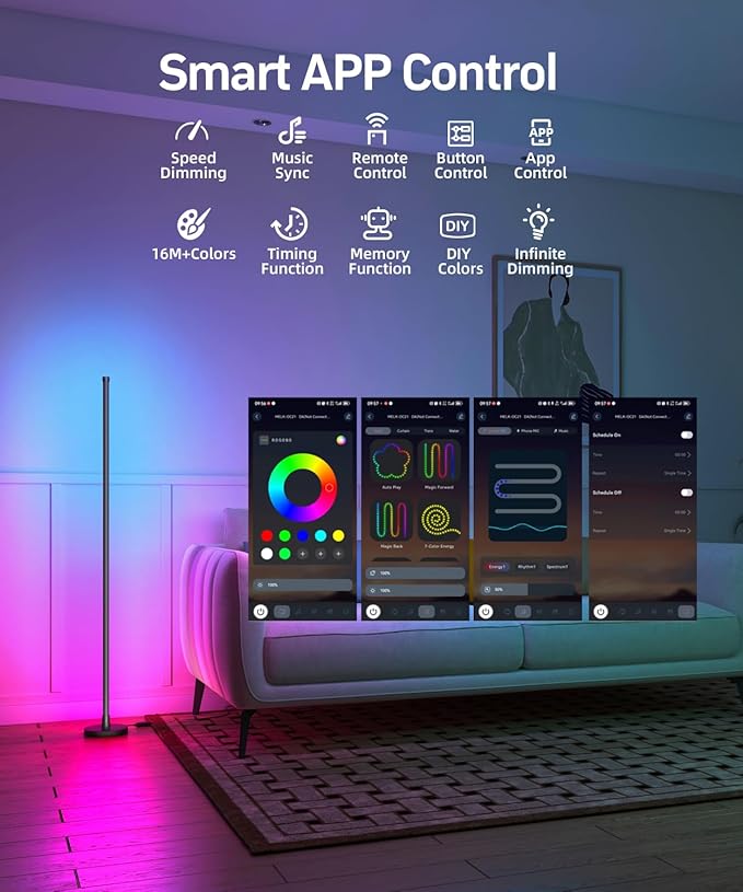 Smart RGB LED Corner Floor Lamp, Standing Lamp with Music Sync and 16M+ DIY Colors, Remote & App Control, Color Changing Ambient Lighting, Floor Lamps for Living Room, Bedroom and Party(2 Pack)