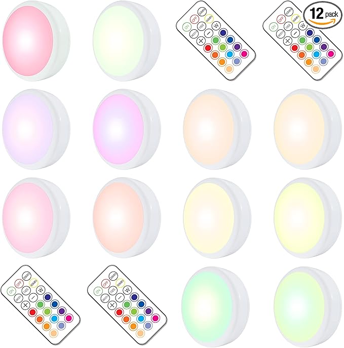 HELPLEX LED Puck Lights with Remote, 12 Pack Color Changing RGBW Stick-On Light, Battery Powered, Dimmable Under Cabinet Lighting with Timer & Memory, Wireless Push Lights for Kitchen & Closet
