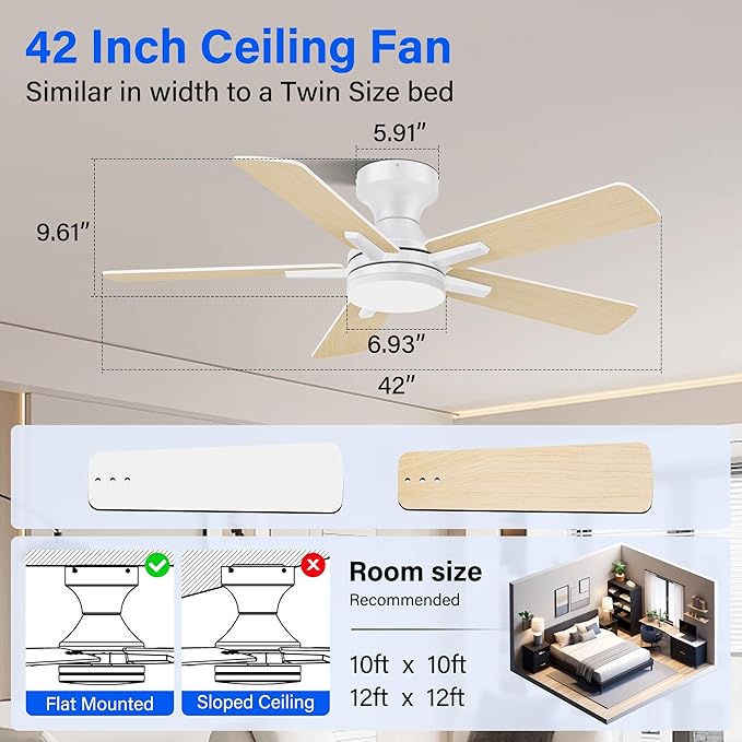 42 Inch Ceiling Fans with lights,RGB Low Profile Ceiling Fan with Light and Remote Control,APP,White Flush Mount Ceiling Fans for Modern Bedroom,Patio,Porch,Outdoor Indoor Use,Dimmable LED,6 Speed