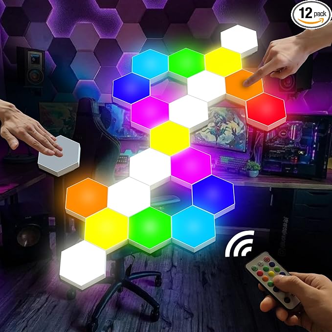 Hexagon Lights, Smart LED Wall Lights with Remote, 13 Colors Touch-Sensitive DIY Modular Assembled RGB Wall Panels, Hex Light with USB-Power for Autism, Game Room Decor, Party (12 Pack)