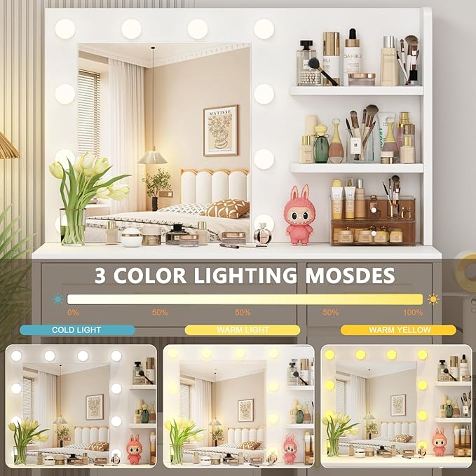 Vanity Desk with Mirror and Lights & Power Outlet, Makeup Desk with Drawer & Storage Shelves, 3 Lighting Modes Adjustable Brightness, Modern Gold Handle Dressing Table with Vanity Chair Bedroom