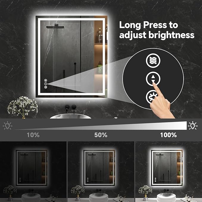 LED Bathroom Mirror 28x32 Inch Anti-Fog Bathroom Mirror with Lights, Wall Mounted Lighted Vanity Mirrors, Dimmable, Backlit + Front Lit, Smart Bathroom Vanity Mirror with 3 Colors Temperature