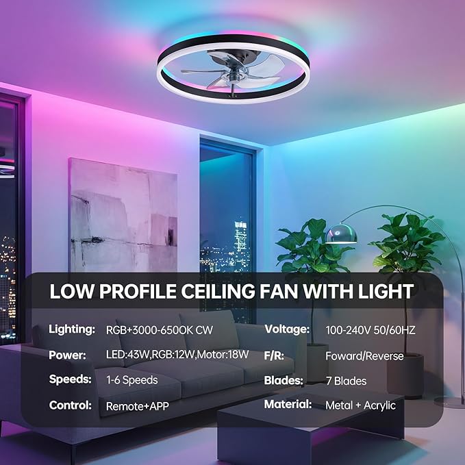 RGB Ceiling Fan with Light,20'' Modern Flush Mount Ceiling Fan, 6 Speeds, Dimmable LED, Remote Control, Quiet DC Motor,Smart Low Profile Ceiling Fan for Bedroom, Living Room,DM101-H-RGB Black