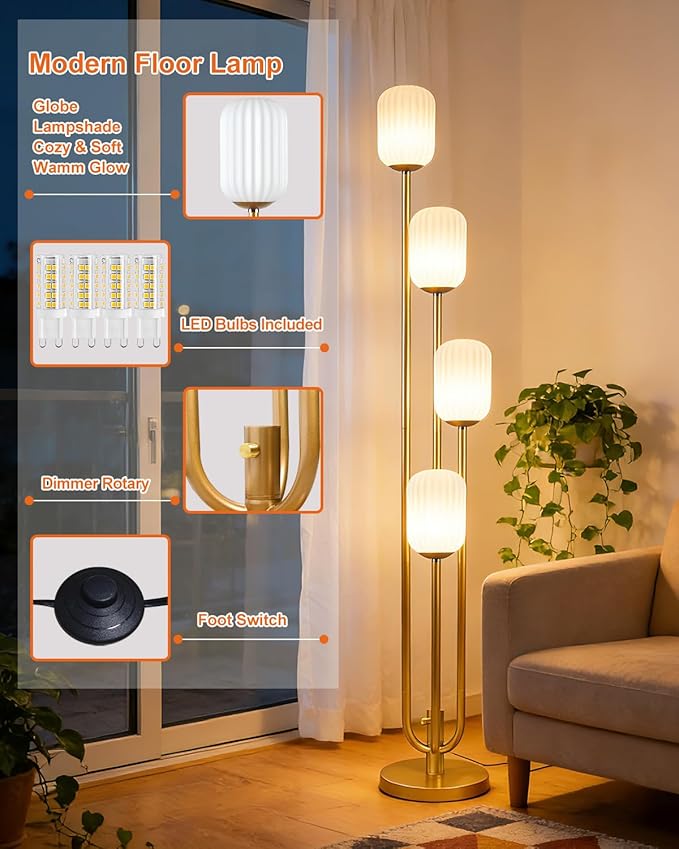 Lightdot Gold Floor Lamp 4-Lights Dimmable Floor Lamps with Cylinder-Shaped Lampshade 3000K Bulbs Included Unique Modern Standing Tall Lamp for Living Room/Bedroom/Sofa Beside/Corner Decor