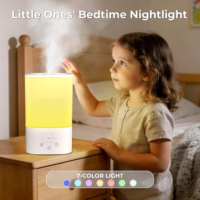 Cool Mist Humidifiers for Bedroom,3.2L Humidifiers for Baby Nursery＆Plants,7-Color Light,Oil Diffuser,Top Fill,360°Nozzle,Timer,24DB Quiet,BPA Free,Tap to Operate,White