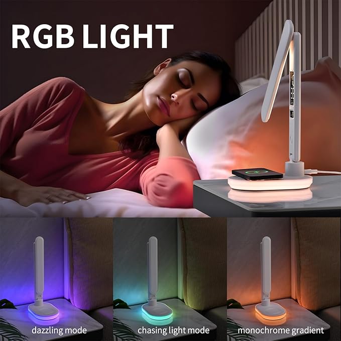 LED Desk Lamp with 10W QI Wireless Charging, Flexo Table Lamp with 3 Colors and 5 Brightness Levels with Charging Function,USB,Clock,Temperature,LCD,Date,Touch Control. (White)