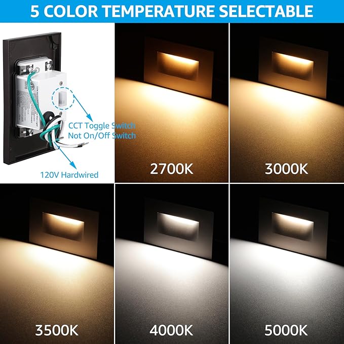 LEONLITE 12-Pack Premium Series 5CCT 120V LED Step Lights, Dimmable 3.5W Indoor Outdoor Waterproof Horizontal Stair Light, 2700K3000K3500K4000K5000K Selectable, CRI90, ETL, Aluminum, Oil Rubbed Bronze