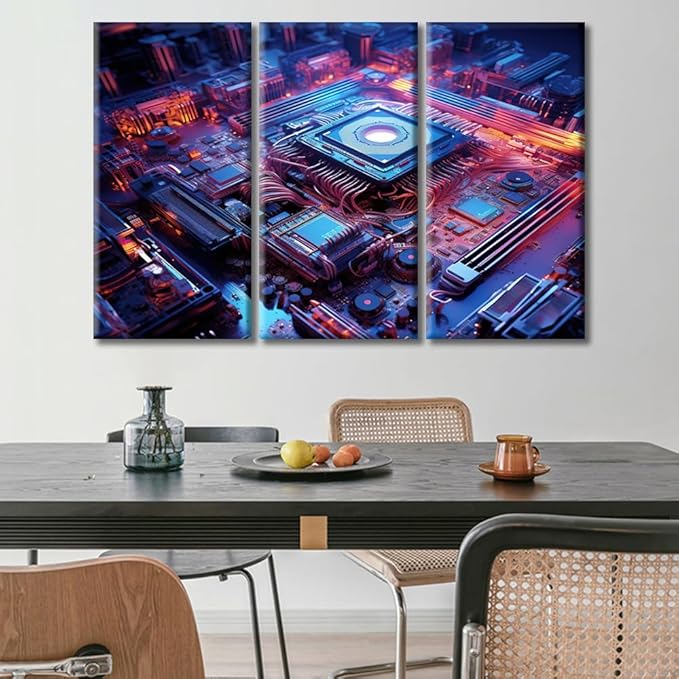 Wall Art for Living Room Modern CPU Card with Circuit and Colorful Lights Wall Paintings Chip Pictures Posters & Prints 3 Panels Modern Artwork Ready to Hang for Bedroom Office 60"Wx40"H