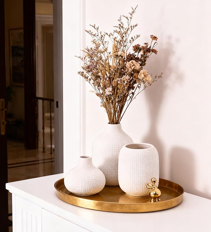 White Ceramic Vases for Decor, Weave Style Modern Minimalist Decorative Vase Set of 3 for Table Shelf, Bookshelf Decoration