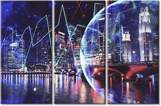 3 Panel Modern Frame Canvas Business and Financial Concept Black and White Wall Art Financial Chart on City Scape with Tall Buildings Background Wall Decor for Living Room Ready to Hang (60"Wx40"H)