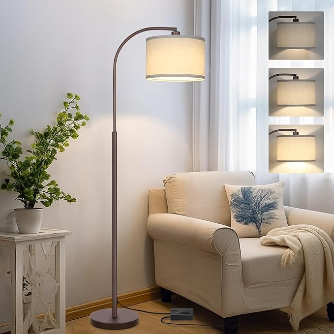 Boncoo Dimmable Floor Lamp, Standing Lamp with Stepless Dimmer, Brown Floor Lamp with Adjustable Linen Beige Shade for Living Room Study Room Office, 9W 3000K Bulb Included