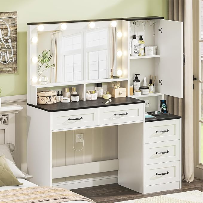 Farmhouse Vanity Desk Makeup Table with Mirror and 10 Lights, 45.3" Large Vanity Desk with Power Outlet, 5 Drawers, 1 Cabinet & 9 Jewelry Hooks, Dressing Table for Women Girls White & Black