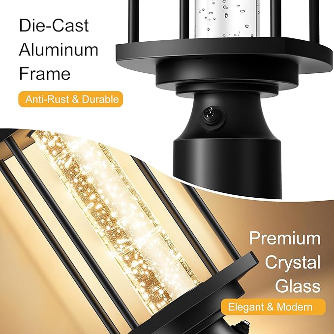 Dusk to Dawn Outdoor Post Lights, LED Waterproof Lamp Post Light Fixture with Crystal Glass, Aluminum Lamp Posts Outdoor Lighting Pole Lantern for Outside Yard Patio Pathway Garden, Hard Wired