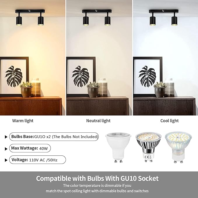Adjustable Spotlight Ceiling Light Fixture 2 Light Gu10 Track Lighting Indoor Directional Light Ceiling Spot Light for Kitchen, Bedroom, Picture Wall, Hallway, Office, Bar (Black-2 Light)
