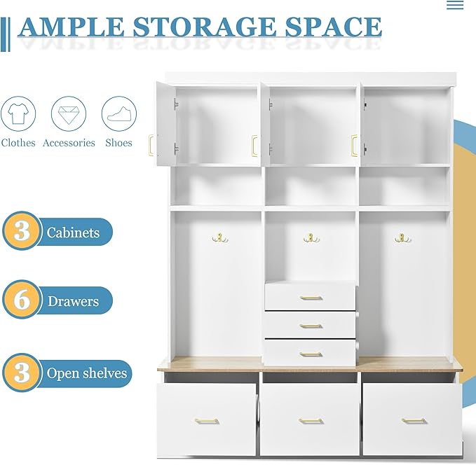 Amposei Hall Tree with Storage Bench & Coat Rack 58’’W Modern Tall Entryway Oranizer Cabinet with 6 Drawers, 3 Metal Hooks for Living Room Hallway Mudroom, White