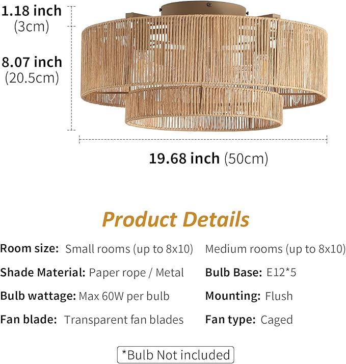 20 Inch Boho Caged Ceiling Fans with Lights Flush Mount, Layered Rattan Ceiling Fan with Light Remote Control with Reversible 6 Speeds for Bedroom, Nursery, Living Room, E12 Base, Indoor
