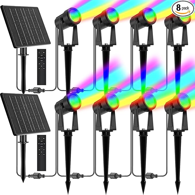 ZYAN Solar Color Changing RGB Spotlights with Remote, 12000mAh Separate Monocrystalline Panels & USB-C Powered, Auto On Off, Outdoor IP65 Waterproof for Patio Yard Path (8 Pack)