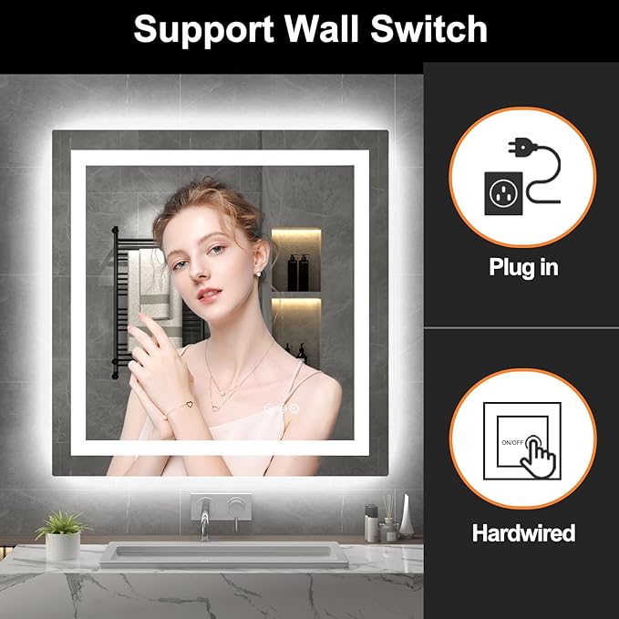 LED Mirror for Bathroom 36x36 Lighted Bathroom Vanity Mirrors with Lights, Brighter Frontlit and Backlit Anti-Fog Mirror, Tempered Glass, Dimmable 3 Colors Light Modes, Memory Function