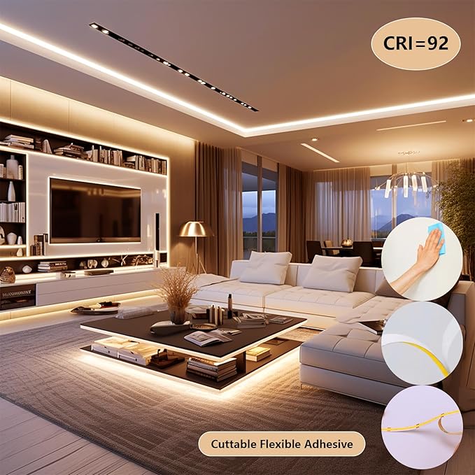 48V COB LED Strip Light 65.6ft, 3000K Warm White Flexible Cuttable LED Tape Lights 8W/M 480LEDs/M CRI 92 with AC 110V Power Supply for Bedroom Ceiling Living Room Commercial