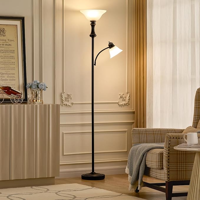 71'' Floor Lamps for Living Room, Tall Floor Lamp for Bedroom with Adjustable Angle Arc Reading lamp, Modern Torchiere Standing lamp with Glass Shade, Knob Switch, Bulb Included, Black