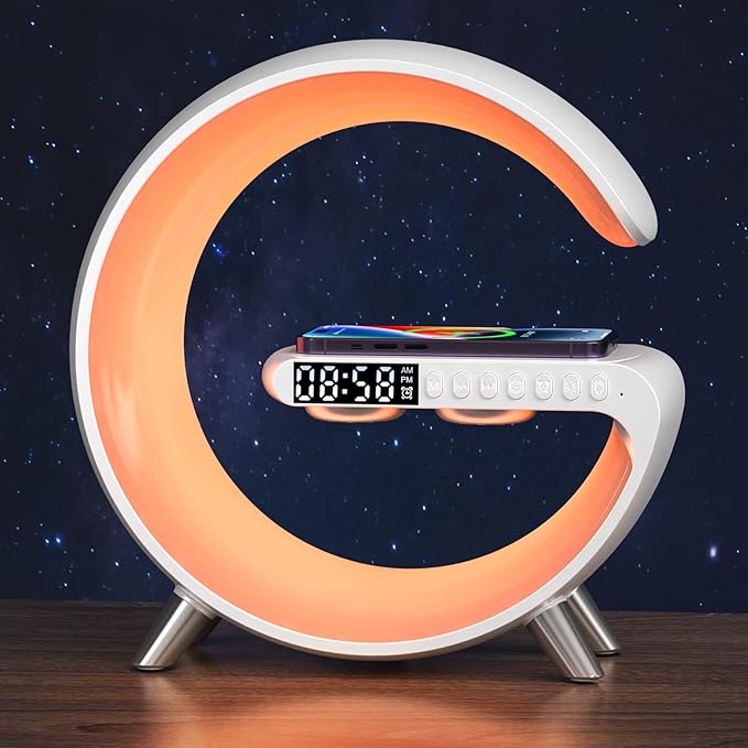 Smart Wireless Charging Alarm Clock with Bluetooth Speaker, App Controlled Bedside Lamp Table Light and Night Light, Bedroom Home Decor, Gift for Girls Boys and Family for Birthday Christmas (White)
