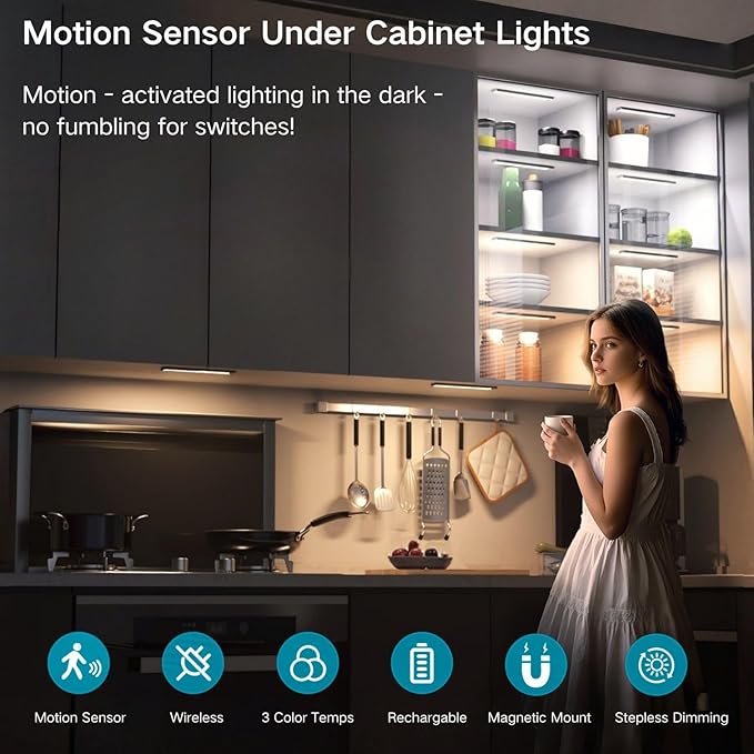 Motion Sensor Under Cabinet Lighting-Magnetic Rechargeable Closet Lights for Kitchen,Stairs,Wardrobe | 3-Color Dimmable LED Under Counter Lighting | Pro Battery Upgrade (2, 12 inch)