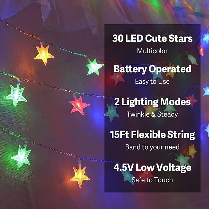 ITICdecor Star String Lights 15 FT 30 LED Fairy Christmas Light Battery Operated Indoor Outdoor Twinkle Lights Bedroom Decor for Party Wedding Xmas Tree (Multicolor)
