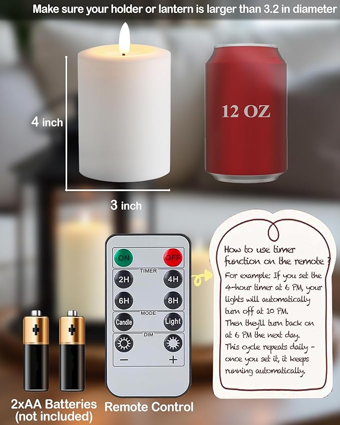 3"x4" Flickering Flameless Candles with Remote Timer, Real Wax, White Pillar Candles, Set of 3 Fake LED Battery Operated Candles for Home, Fireplace, Centerpiece, Rustic and Farmhouse Decor