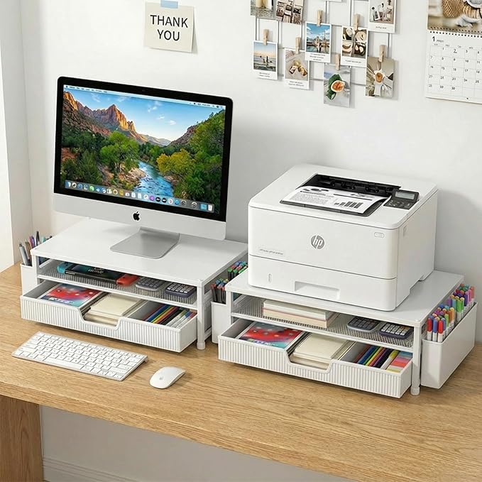 Desk Organizer and Accessories, 2-Tier Computer Monitor Stand Rise with Storage Drawer & 2 Pen Holders, Laptop & Printer Stand for Desktop, Workspace Organizers for Office Supplies (White)