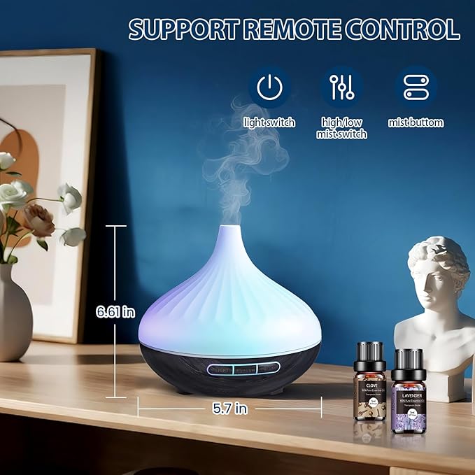Essential Oil Diffuser 500ml, Ultrasonic Aromatherapy Humidifier with Remote Control, 7 LED Colors, Timer & Auto-Off, Diffuser for Large Rooms
