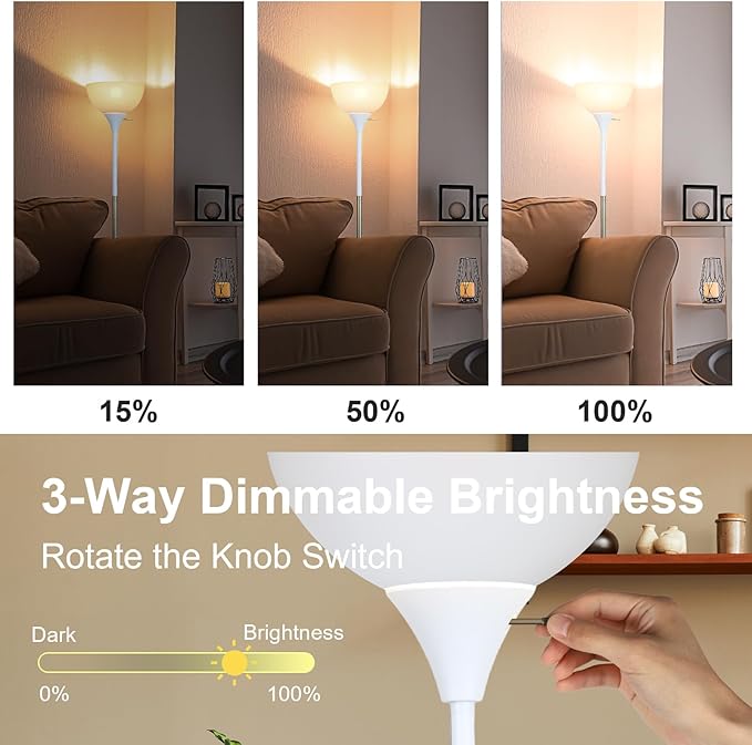 Floor Lamp, LED Standing Lamp 3 Way Dimmable Brightness Floor Lamp Rotary Switch Floor Lamps Modern Industrial Lamp with Shade, Tall Lamps for Living Room Bedroom Office Dining Room (White)