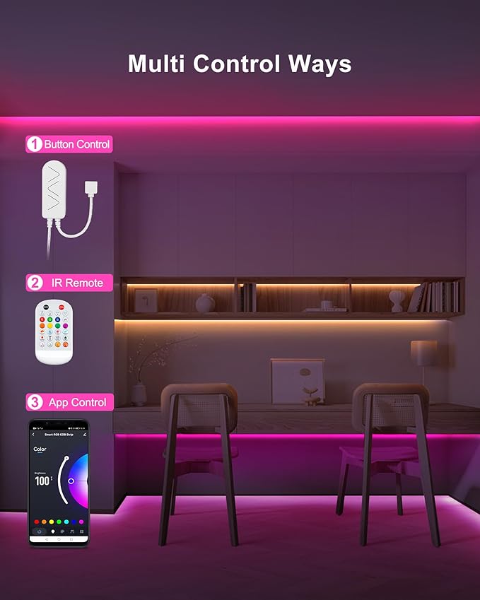 9.84ft Bluetooth RGB COB Led Strip Lights with Remote, Dimmable Smart App Led COB Light Strip, Color Changing Music Sync, Indoor RGB Led Lights Bedroom, Home Decor, Party