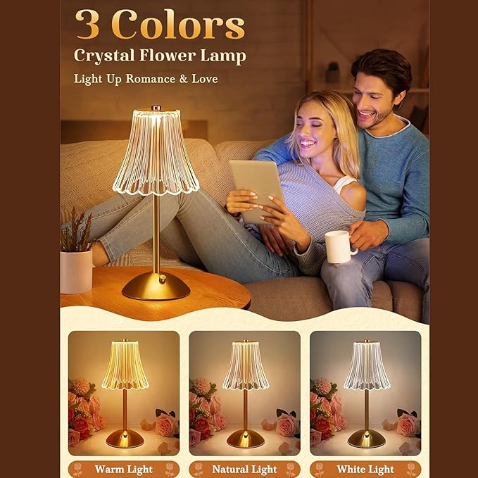 Fockety Cordless, Vintage 3 Colors Dimmable USB LED Desk Lamp, 1200mAh Rechargeable Touch Control Table Light Bedside Night Lamp for Home Couple Dinner Restaurant Bedroom Cafe