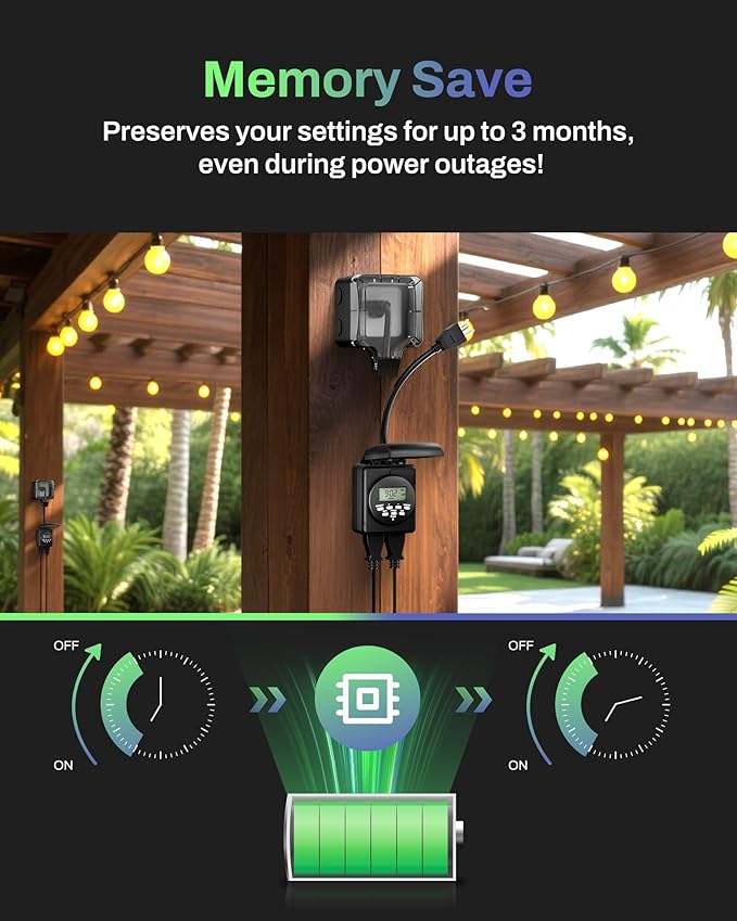 BN-LINK Digital Astronomic Landscape Timer, 7-Day Programmable Outdoor Plug with Dual Grounded Outlets, Waterproof Design for Christmas Lights and Holiday Decorations