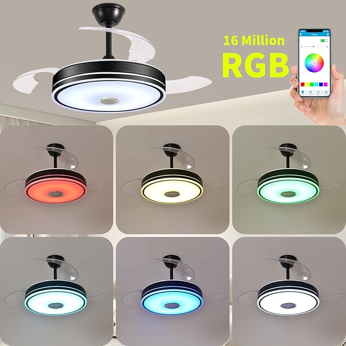 42'' Retractable Hanging Fan with Lights, Smart Fan Light with Bluetooth Speaker, App Control for Dimming & RGB Color Change Reversible Bedroom Living Room