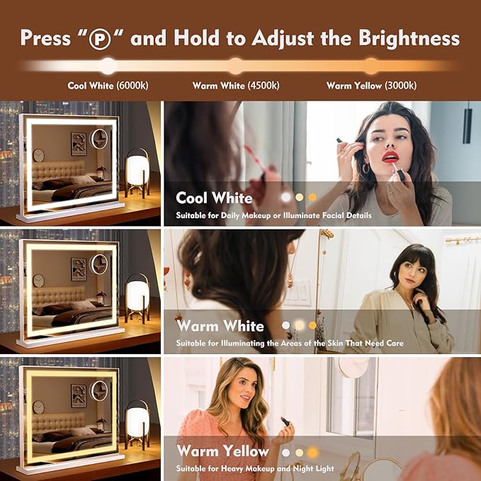 Hollywood Vanity Mirror with Lights 23 x 19 Large Vanity Mirror 10X Magnifying Compact Mirror 3 Colors Modes Touch Control Mirror with Lights