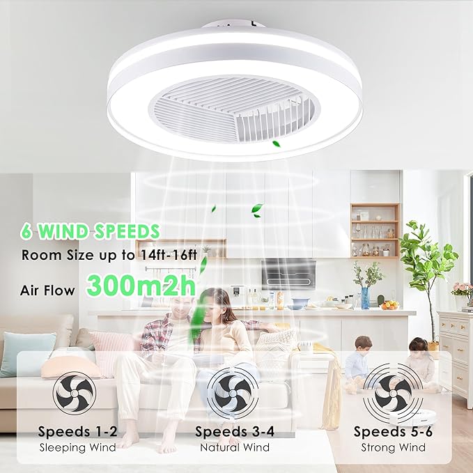 Smart Low Profle Ceiling Fans with RGB Lights Remote/APP/Voice Control, 20" Bladeless Ceiling Fans with 6 Speeds, Timer, Quiet DC Motor, Ceiling Fan with Light for Kids Bedroom/Living Room
