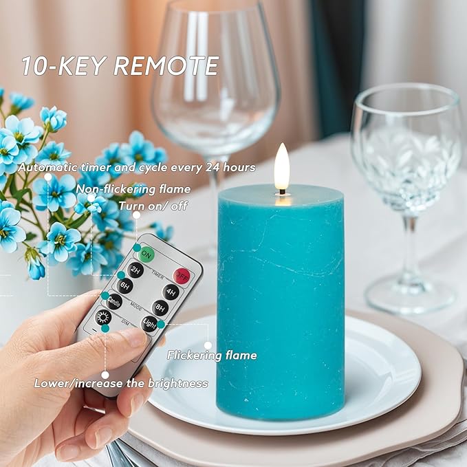 Teal Flameless Pillar Candles, Battery Operated Candles with Remote, Real Wax Flickering LED Candles for Home Party Wedding Holiday Decor, Set of 4, Φ 3" H 4" 5" 6" 8"
