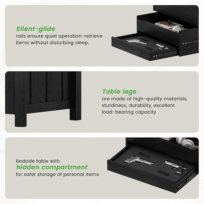 HNEBC Set of 2 Smart Farmhouse Nightstands with Gun Safe Drawers, 3-Color Auto LED Lights, Built-in Charging Station & Hidden Compartment, Bedroom Bedside Tables Rustic Brown (91111A-2-Black)